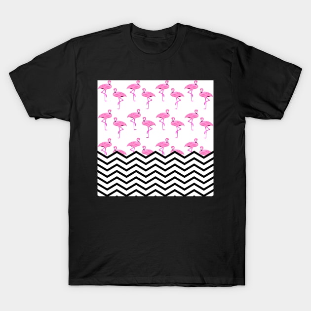 Pink Flamingos Pattern with Chevron Stripes T-Shirt by TammyWinandArt